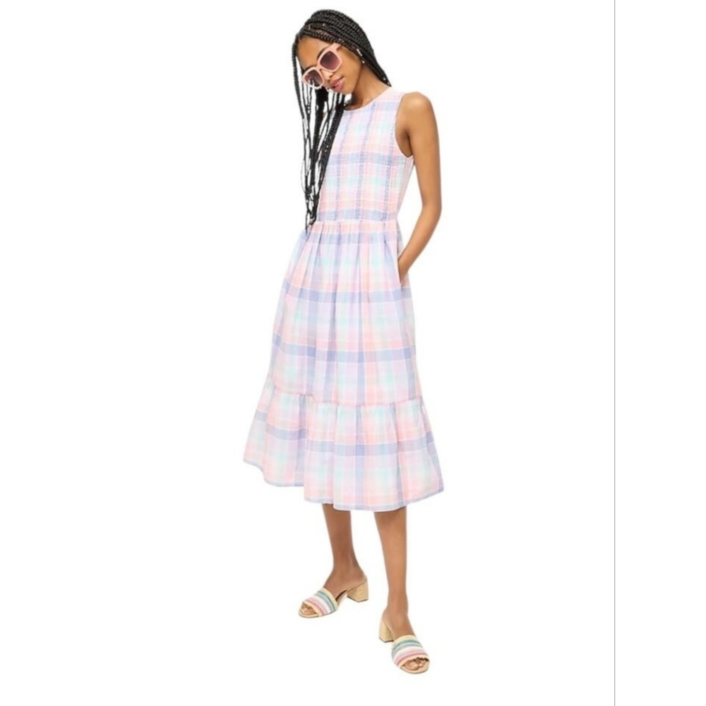 J. Crew Women's Plaid Smocked Sleeveless Midi  Dress
